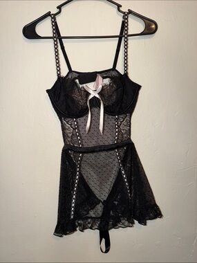 Victoria's Secret Black Lace & Sheer Polka-Dot Babydoll Chemise with Ribbon